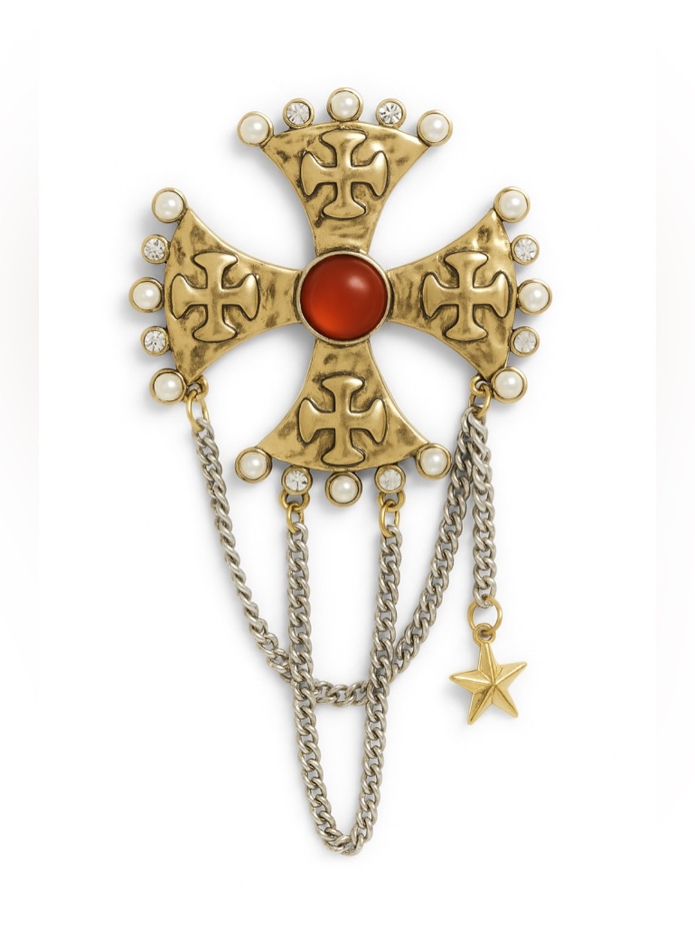 Gold-Tone Cross Brooch with Red Cabochon and Pearl Accents